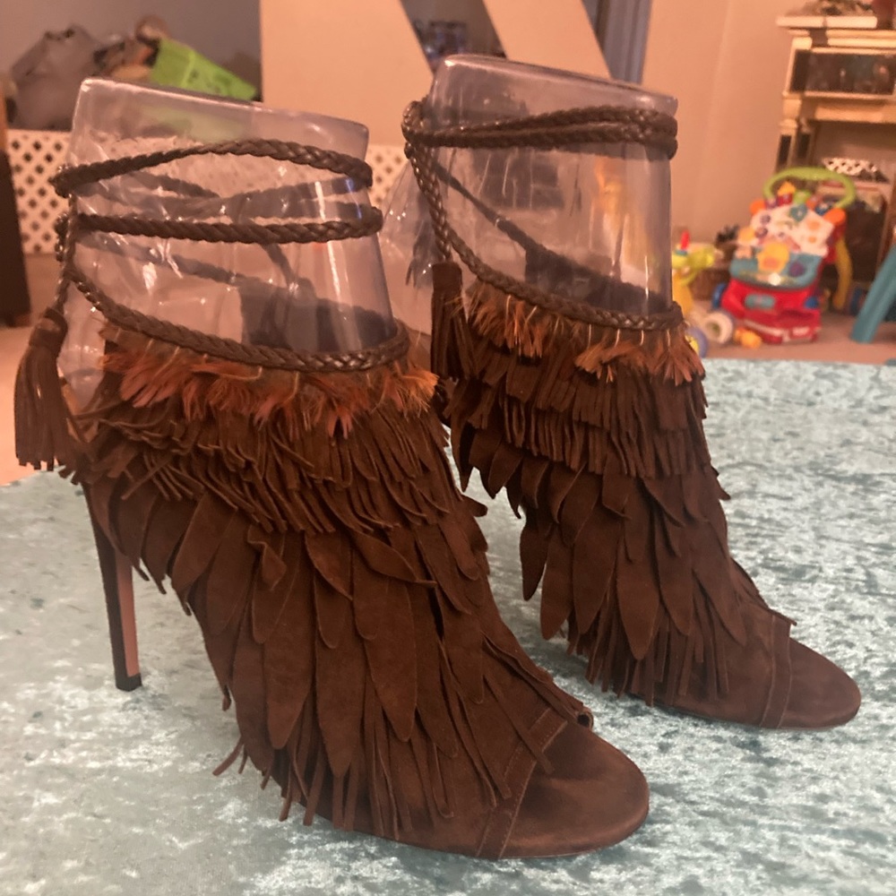 Aquazzura Brown Suede & Feather “Pocahontas” High Heel Sandals Size 7.5